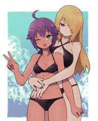 Rule 34 | 2girls, :d, ahoge, bikini, black bikini, blonde hair, blue background, blue eyes, border, breasts, closed mouth, criss-cross halter, dark-skinned female, dark skin, fingernails, hair over one eye, halterneck, hand up, height difference, highres, hug, hug from behind, lamb-oic029, large breasts, long hair, looking at viewer, low-tied long hair, medium breasts, multiple girls, nail polish, one eye closed, one eye covered, open mouth, original, outside border, purple hair, purple nails, scar, scar across eye, scar on face, smile, swimsuit, v, white border, yellow nails