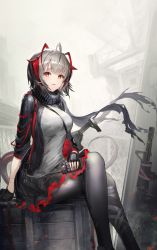 Rule 34 | 1girl, absurdres, arknights, arm behind back, between breasts, black gloves, black hair, black jacket, black pantyhose, black scarf, black skirt, breasts, commentary, crate, crossed legs, demon girl, demon horns, demon tail, feet out of frame, fingerless gloves, fog, gloves, gradient hair, grey shirt, gun, highres, holding, horns, huge filesize, injury, jacket, large breasts, long sleeves, looking at viewer, miniskirt, multicolored hair, open clothes, open jacket, outdoors, pantyhose, parted lips, red eyes, red hair, scarf, shirt, short hair, silver hair, sitting, skirt, solo, tail, taku57, w (arknights), weapon
