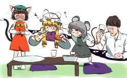 Rule 34 | +++, 1boy, 3girls, animal ear fluff, animal ear piercing, animal ears, blonde hair, blush, brown hair, cat ears, cat tail, chen, closed eyes, commentary request, crumbs, crying, cup, dress, drumsticks, dual wielding, earrings, flying sweatdrops, food, full body, furrowed brow, ga-chan24, gap (touhou), grey hair, hair ribbon, hat, highres, hikakin, holding, holding cup, holding drumsticks, holding food, holding pizza, jewelry, leaning forward, legs apart, mob cap, mouse ears, mouse tail, multiple girls, multiple tails, nazrin, nekomata, nose blush, open mouth, petite, pillow, pizza, red dress, ribbon, short hair, sidelocks, simple background, single earring, standing, table, tail, tongue, touhou, tress ribbon, two tails, white background, white headwear, wide-eyed, yakumo yukari