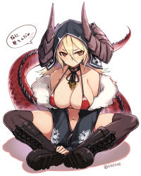 Rule 34 | 1girl, black footwear, black thighhighs, blonde hair, blush, boots, breasts, cleavage, closed mouth, collarbone, covered erect nipples, dragon, dragon girl, dragon tail, frown, full body, fur trim, hair between eyes, highres, horns, large breasts, long hair, looking at viewer, navel, original, red eyes, scales, sessue, simple background, sitting, solo, speech bubble, tail, thighhighs, twitter username, white background