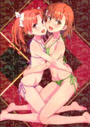 Rule 34 | 20s, 2girls, absurdres, ass, bare legs, bare shoulders, barefoot, bikini, blush, bow, bowtie, breast press, breasts, brown eyes, brown hair, cheek-to-cheek, cleft of venus, collarbone, flower, from side, full body, green bikini, hair bow, hair flower, hair ornament, heads together, highres, hug, jewelry, long hair, looking at viewer, looking to the side, matching hair/eyes, misaka mikoto, multiple girls, navel, necklace, open mouth, purple bikini, raika9, ribs, shirai kuroko, short hair, simple background, small breasts, smile, soles, stomach, string bikini, swimsuit, toaru kagaku no railgun, toaru majutsu no index, toes, twintails, white bow, white bowtie