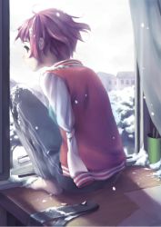 Rule 34 | 10s, 1girl, amputee, armless amputee, back, barefoot, bench, double amputee, from behind, green eyes, indoors, jacket, kamifish, katawa shoujo, looking away, pants, paper, red hair, short hair, snow, solo, squatting, tezuka rin, track jacket, track pants, track suit, window, winter