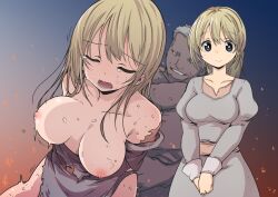 Rule 34 | 1boy, 1girl, arms behind back, before and after, black eyes, blonde hair, breasts, breasts out, closed eyes, collarbone, crying, forced, gia (abab0707), hetero, highres, long hair, looking at viewer, medium breasts, multiple views, nipples, open mouth, original, rape, sex, sex from behind, spoils, tears, teeth, torn clothes