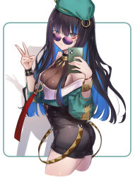 Rule 34 | 1girl, ass, bare shoulders, beret, black hair, black shorts, blue hair, bracelet, breasts, buttons, cellphone, colored inner hair, double-breasted, eyeliner, fate/grand order, fate (series), green hat, green jacket, grey eyes, grin, hat, highres, jacket, jewelry, long hair, long sleeves, looking at viewer, makeup, multicolored hair, neck ring, o-ring, off shoulder, phone, round eyewear, shorts, sidelocks, small breasts, smile, solo, sunglasses, tenochtitlan (fate), tenochtitlan (second ascension) (fate), thighs, ura illust, v, wavy hair, zipper