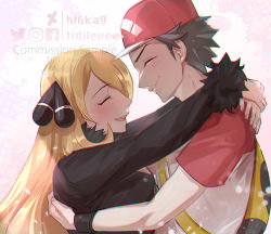 Rule 34 | 1boy, 1girl, backpack, bag, baseball cap, black coat, blonde hair, blush, closed eyes, closed mouth, coat, commentary, commission, creatures (company), cynthia (pokemon), from side, fur-trimmed coat, fur trim, game freak, hair ornament, hat, hetero, long hair, long sleeves, nintendo, open mouth, pokemon, pokemon dppt, pokemon sm, red (pokemon), red headwear, second-party source, shirt, short hair, short sleeves, smile, t-shirt, teeth, tidi levee, tongue, upper body, upper teeth only, watermark, yellow bag