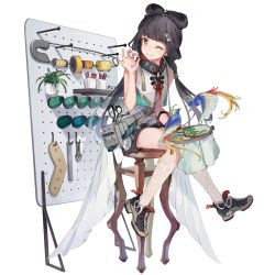 Rule 34 | 1girl, black hair, blunt bangs, dress, embroidery, embroidery hoop, full body, game cg, girls&#039; frontline, girls&#039; frontline neural cloud, grin, hair ornament, highres, holding, imoko (imonatsuki), lace, lace legwear, long hair, looking at viewer, mouth hold, official art, one eye closed, plant, potted plant, qbu-88 (girls&#039; frontline), safety pin, scissors, shoes, shorts, sitting, smile, sneakers, solo, spool, stool, tape measure, thread, transparent background, twintails, white dress, white legwear, yellow eyes