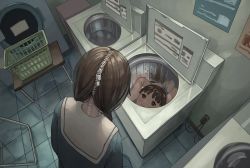 Rule 34 | 2girls, black hair, blush stickers, disembodied head, disembodied hand, from above, indoors, laundry basket, multiple girls, original, smile, tensen (dotted line), tile floor, tiles, washing machine, what, zipper