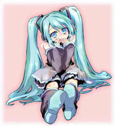 Rule 34 | 1girl, :d, aqua eyes, aqua hair, aqua nails, blue eyes, blush, body blush, boots, border, breath, detached sleeves, halftone, hand to own mouth, hatsune miku, headphones, headset, james hotate, leg warmers, long hair, looking at viewer, nail polish, necktie, open mouth, pink background, sitting, skirt, smile, solo, twintails, very long hair, vocaloid