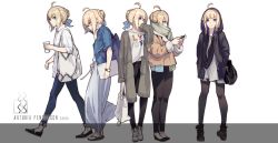 Rule 34 | 5girls, :&gt;, ahoge, artoria pendragon (all), artoria pendragon (fate), bag, black-framed eyewear, blonde hair, blue eyes, blue ribbon, braid, cardigan, cellphone, character name, clothes writing, covering own mouth, cup, denim, disposable coffee cup, disposable cup, fate/stay night, fate (series), flats, french braid, glasses, hair bun, hair ribbon, handbag, hands in pockets, highres, holding, holding cup, holding phone, hood, hood up, hoodie, jeans, multiple girls, multiple persona, open cardigan, open clothes, open hoodie, openvl, pants, phone, profile, ribbon, saber (fate), sandals, scarf, semi-rimless eyewear, shirt, shoulder bag, sidelocks, single hair bun, smartphone, standing, t-shirt, under-rim eyewear, watch, wristwatch