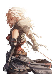 Rule 34 | 1girl, belt, belt buckle, black gloves, braid, breasts, buckle, chain, cowboy shot, cropped jacket, cuffs, elbow gloves, eyelashes, closed eyes, frilled skirt, frills, gloves, grey hair, highres, holding, holding sword, holding weapon, katana, kuroduki (pieat), medium breasts, original, parted lips, pink lips, profile, red shirt, scabbard, sheath, shirt, short hair, side braid, simple background, single braid, skirt, sleeveless, solo, standing, sword, thigh strap, thighhighs, undershirt, unsheathed, weapon, white background, wrist guards