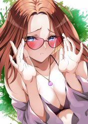 Rule 34 | 1girl, :t, absurdres, bikini, black bikini, blue eyes, blush, breasts, brown hair, cleavage, closed mouth, collarbone, heart, heart-shaped eyewear, highres, jewelry, large breasts, long hair, looking at viewer, necklace, original, parted bangs, patrick reyes ii, pout, solo, sunglasses, swimsuit