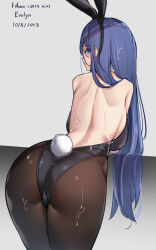 Rule 34 | 1girl, absurdres, animal ears, ass, back, black leotard, blue eyes, blue hair, breasts, brown pantyhose, character request, copyright request, fake animal ears, fake tail, from behind, greenopi, highres, large breasts, leotard, long hair, looking at viewer, looking back, pantyhose, rabbit ears, rabbit tail, sideboob, solo, tail