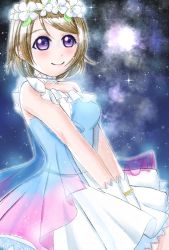 Rule 34 | 1girl, artist name, artist request, bare shoulders, blush, bracelet, breasts, brown hair, choker, cleavage, collarbone, dress, earrings, female focus, flower wreath, frilled dress, frills, gloves, hair between eyes, head wreath, highres, jewelry, koizumi hanayo, looking at viewer, love live!, love live! school idol project, night, night sky, outdoors, parted lips, phychonyanko, purple eyes, short hair, skirt, sky, small breasts, smile, solo, star (sky), swept bangs, white detached collar, white dress, white gloves, white skirt, yume no tobira