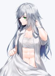 Rule 34 | 1girl, abs, blanket, breasts, chest sarashi, cleavage, collarbone, commentary request, cowboy shot, dodome ichika, eyes visible through hair, green eyes, highres, long hair, looking at viewer, midriff, muscular, muscular female, navel, open clothes, open shirt, original, sarashi, shirt, short sleeves, silver hair, simple background, sitting, small breasts, solo, waka (shark waka), white background