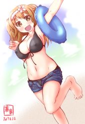 Rule 34 | 10s, 1girl, :d, alternate costume, artist logo, barefoot, beach, bikini, black bikini, blonde hair, blue innertube, blue sky, blush, breasts, brown eyes, cleavage, collarbone, commentary request, covered erect nipples, dated, day, front-tie bikini top, front-tie top, groin, headband, highres, i-26 (kancolle), innertube, kanon (kurogane knights), kantai collection, large breasts, leg up, light brown hair, long hair, looking at viewer, navel, ocean, open mouth, sand, short shorts, shorts, sky, smile, solo, swim ring, swimsuit, two side up, unbuttoned
