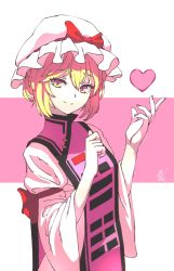 Rule 34 | 1641 (chfhrtor94), 1girl, blonde hair, bow, commentary request, dress, hands up, hat, hat bow, heart, korean commentary, looking at viewer, mob cap, nail polish, pink background, pink nails, red bow, short hair, signature, smile, solo, tabard, touhou, upper body, white dress, white hat, wide sleeves, yakumo yukari, yellow eyes