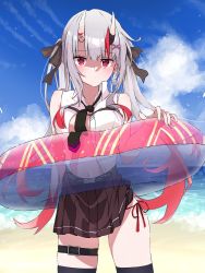 Rule 34 | 1girl, absurdres, beach, belt, black necktie, black panties, black skirt, black thighhighs, blue sky, cloud, cloudy sky, colored tips, commentary request, cowboy shot, earrings, grey hair, hair ribbon, highres, hololive, horns, innertube, jewelry, long hair, looking at viewer, multicolored hair, nakiri ayame, nakiri ayame (streetwear), navel, necktie, official alternate costume, oninome tsuki, open clothes, outdoors, panties, pleated skirt, red eyes, red hair, red panties, ribbon, shell, shell earrings, side-tie panties, skin-covered horns, skirt, sky, solo, standing, streaked hair, swim ring, thigh belt, thigh strap, thighhighs, twintails, underwear, virtual youtuber