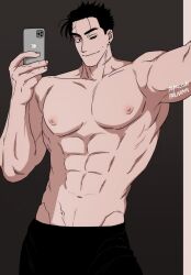 Rule 34 | 1boy, abs, balnom, bara, black hair, highres, holding, holding phone, large pectorals, looking at viewer, loose hair strand, male focus, mature male, muscular, muscular male, navel, nipples, one eye closed, original, outstretched arm, pants, pectorals, phone, seductive smile, selfie, short hair, smile, solo, stomach, thick eyebrows, topless male, v-taper, veiny crotch