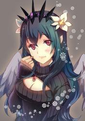 Rule 34 | 1girl, alternate costume, angel wings, black hair, blush, breasts, cleavage, cleavage cutout, clothing cutout, flower, hair flower, hair ornament, long hair, looking at viewer, medium breasts, meme attire, open-chest sweater, persephone (p&amp;d), pointy ears, puzzle &amp; dragons, red eyes, ribbed sweater, ribbon, shadowsinking, solo, sweater, turtleneck, upper body, wings