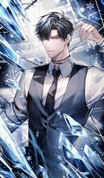 Rule 34 | 1boy, black hair, black necktie, black vest, blood, collared shirt, expressionless, formal, green eyes, highres, ice, ice shard, lips, long sleeves, looking at viewer, love and deepspace, male focus, necktie, s (olath), shirt, short hair, snowflakes, solo, thorns, upper body, vest, white shirt, zayne (love and deepspace)