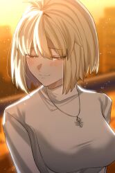 absurdres ahoge arcueid_brunestud blonde_hair blush breasts city crying highres indoors jewelry light_smile musi_2nd necklace red_eyes sad_smile short_hair sunset sweater tearing_up tears tsukihime tsukihime_(remake)