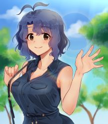 Rule 34 | 1girl, antenna hair, bag, bare arms, bare shoulders, blue sky, blush, breast pocket, breasts, cleavage, closed mouth, collared dress, commentary request, day, dress, fingernails, hand up, idolmaster, idolmaster million live!, kamille (vcx68), large breasts, lens flare, nail polish, outdoors, pink nails, pocket, purple hair, short hair, shoulder bag, sky, sleeveless, sleeveless dress, smile, solo, tareme, toyokawa fuka, tree, upper body, waving, wavy hair, wing collar