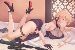 Rule 34 | 1girl, assault rifle, bare shoulders, bed sheet, black dress, black footwear, black ribbon, blonde hair, blush, bow, bracelet, breasts, bullpup, china dress, chinese clothes, cleavage, collarbone, dress, eliskalti, female focus, footwear bow, fur, girls&#039; frontline, gloves, gun, hair between eyes, hair ornament, hair ribbon, half gloves, high heels, indoors, jewelry, large breasts, leaf print, legs up, long hair, looking at viewer, lying, official alternate costume, on bed, on stomach, open m/, ots-14 (girls&#039; frontline), ots-14 (sangria succulent) (girls&#039; frontline), ots-14 groza, pumps, ribbon, rifle, scope, shoes, side slit, sleeveless, sleeveless dress, solo, suppressor, thigh strap, weapon, window, yellow eyes, ||/