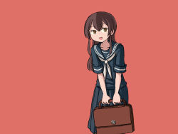 Rule 34 | 1girl, akagi (kancolle), alternate costume, bag, black serafuku, brown eyes, brown hair, commentary, cowboy shot, english commentary, kantai collection, long hair, looking at viewer, neckerchief, one-hour drawing challenge, red background, school uniform, serafuku, simple background, sixten, smile, solo, standing, straight hair, white neckerchief