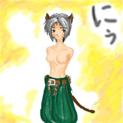 Rule 34 | 1girl, animal ears, arms behind back, cat ears, cat tail, final fantasy, final fantasy xi, green pants, mithra (ff11), pants, solo, tagme, tail, thief, topless, translation request, white hair