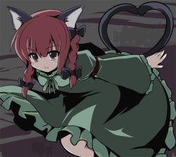 Rule 34 | &lt;o&gt; &lt;o&gt;, 1girl, animal ears, bow, braid, cat ears, cat girl, cat tail, dress, fa no hito, female focus, green dress, hair bow, heart, heart tail, kaenbyou rin, kneeling, leaning forward, multiple hair bows, multiple tails, red eyes, red hair, short hair, smile, solo, tail, touhou, twin braids, twintails