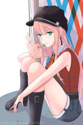 Rule 34 | absurdres, alternate costume, black footwear, boots, breasts, candy, darling in the franxx, food, green eyes, highres, horns, lollipop, long hair, medium breasts, oni horns, pink hair, red horns, shorts, sitting, sleeveless, solo, zero two (darling in the franxx)