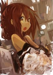 Rule 34 | 1girl, absurdres, bare shoulders, brown eyes, brown hair, changing clothes, commentary, folded ponytail, hair between eyes, highres, inazuma (kancolle), kaamin (mariarose753), kantai collection, looking at viewer, open mouth, school uniform, serafuku, solo