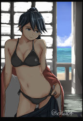 Rule 34 | 10s, 1girl, alternate costume, anchor symbol, bare shoulders, beach, bikini, black bikini, black border, black eyes, black hair, border, breasts, cleavage, commentary request, eyebrows, hair between eyes, hakama, hakama short skirt, hakama skirt, highres, houshou (kancolle), japanese clothes, kantai collection, medium breasts, navel, open clothes, ponytail, seitei (04seitei), skirt, solo, swimsuit, twitter username