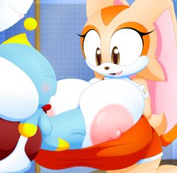 Rule 34 | 1boy, 2girls, blush, breast hold, breasts squeezed together, breasts, chao (sonic), cheese the chao, cream the rabbit, hetero, highres, huge breasts, huge penis, large areolae, large nipples, mother and daughter, multiple girls, nipples, oppai loli, paizuri, penis, perpendicular paizuri, person between breasts, rabbit ears, rabbit girl, slickehedge, smile, tagme, uncensored, vanilla the rabbit