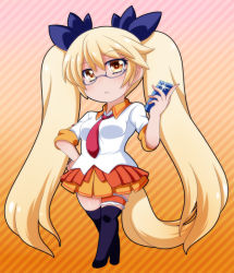 Rule 34 | 10s, 1girl, black thighhighs, blonde hair, bridal garter, cellphone, chibi, dog tail, glasses, hand on own hip, long hair, necktie, oborotsuki kakeru, phone, red necktie, retoree (show by rock!!), show by rock!!, skirt, solo, striped, striped background, tail, thighhighs, twintails, very long hair, yellow eyes