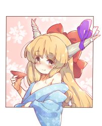 Rule 34 | 1girl, alcohol, alternate costume, blue kimono, blush, border, bow, closed mouth, commentary request, cup, fang, fang out, flat chest, floral print, hair bow, highres, holding, holding cup, horn bow, horn ornament, horns, ibuki suika, japanese clothes, kimono, long hair, looking at viewer, off shoulder, orange hair, outside border, print kimono, purple bow, red bow, sakazuki, sake, smile, solo, tanasuke, touhou, upper body, white border
