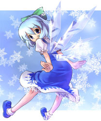 Rule 34 | 1girl, blue eyes, blue hair, bow, cirno, dress, female focus, full body, gradient background, hair bow, katahira masashi, mary janes, matching hair/eyes, outstretched arms, perfect cherry blossom, shoes, shoot the bullet, short hair, smile, snow, snowflakes, socks, solo, spread arms, touhou, white background, wings