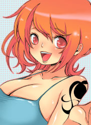 Rule 34 | 1girl, bad id, bad pixiv id, breasts, cleavage, matching hair/eyes, nami (one piece), noroken, one piece, orange eyes, orange hair, short hair, smile, solo, spaghetti strap, tank top, tattoo