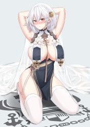 Rule 34 | 1girl, absurdres, azur lane, bad id, bad pixiv id, bare shoulders, blush, braid, breast curtains, breasts, china dress, chinese clothes, cleavage, commission, dress, garter straps, grey dress, highres, kneeling, large breasts, looking at viewer, neckwear between breasts, pelvic curtain, red eyes, revealing clothes, see-through, shizuko hideyoshi, short hair, side braid, sideboob, sirius (azur lane), sirius (azure horizons) (azur lane), thighhighs, thighs, white hair, white thighhighs
