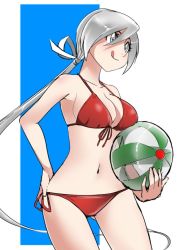 Rule 34 | 1girl, bikini, blue background, blue eyes, breasts, chitose (kancolle), contrapposto, cowboy shot, front-tie top, gluteal fold, grey hair, kantai collection, large breasts, long hair, low ponytail, lowleg, lowleg bikini, ponytail, red bikini, side-tie bikini bottom, solo, swimsuit, tongue, tongue out, two-tone background, udukikosuke, white background