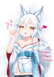 Rule 34 | 1girl, :3, animal ears, bare shoulders, black thighhighs, blue bow, bow, breasts, commentary request, cowboy shot, fingernails, floral print, fox ears, fox girl, fox shadow puppet, fox tail, hair between eyes, hand up, heart, highres, japanese clothes, kimono, kirisame mia, long hair, long sleeves, looking at viewer, milestone celebration, obi, off shoulder, original, parted lips, print kimono, revision, sash, small breasts, solo, tail, thank you, thighhighs, v-shaped eyebrows, white hair, white kimono, wide sleeves, yellow eyes