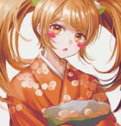 Rule 34 | 1girl, :o, blonde hair, blush stickers, bow, cat hair ornament, commentary request, danganronpa (series), danganronpa 2: goodbye despair, floral print, green bow, grey background, hair bow, hair ornament, holding, japanese clothes, kimono, long hair, long sleeves, looking at viewer, orange eyes, orange kimono, porary, saionji hiyoko, simple background, solo, twintails, upper body