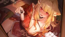 Rule 34 | absurdres, animal ear fluff, animal ears, arm support, blonde hair, blush, breasts, cleavage, collar, drunk, frills, from above, halterneck, highres, japanese clothes, large breasts, long hair, looking up, marse (rokudaime), off shoulder, original, red eyes, side slit, socks, tatami, tokkuri