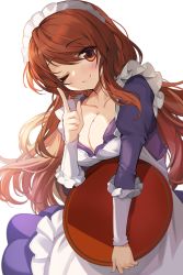 Rule 34 | 1girl, asahina mikuru, blush, breasts, brown eyes, brown hair, cleavage, commentary request, dress, goomrrat, highres, holding, large breasts, long hair, long sleeves, looking at viewer, maid, maid headdress, one eye closed, puffy sleeves, purple dress, simple background, smile, solo, suzumiya haruhi no yuuutsu, white background