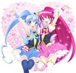 Rule 34 | 10s, 2girls, aino megumi, blue eyes, blue hair, blue skirt, blue thighhighs, blush, boots, bow, brooch, crown, cure lovely, cure princess, earrings, eyelashes, happinesscharge precure!, happy, heart, heart brooch, highres, jewelry, long hair, looking at viewer, magical girl, multiple girls, open mouth, pink bow, pink eyes, pink hair, pink skirt, ponytail, precure, puffy sleeves, shirayuki hime, shirt, skirt, smile, sorakase sawa, thigh boots, thighhighs, thighs, twintails, white legwear, wide ponytail, wrist cuffs, zettai ryouiki