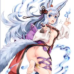 Rule 34 | 10s, 1girl, animal ears, anklet, ass, barefoot, blue eyes, breasts, detached sleeves, double fox shadow puppet, erune, fox ears, fox shadow puppet, fox tail, granblue fantasy, hair ornament, jewelry, long hair, no panties, shinozuka atsuto, sideboob, silver hair, simple background, societte (granblue fantasy), solo, tail, white background