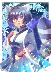 Rule 34 | :d, animal ear fluff, animal ears, black hair, black hakama, breasts, brown gloves, crescent, fingerless gloves, glasses, gloves, hair between eyes, hair intakes, hakama, hakama skirt, hand up, indie virtual youtuber, japanese clothes, kimono, kou hiyoyo, long sleeves, looking at viewer, open clothes, open mouth, purple eyes, raccoon ears, raccoon girl, raccoon tail, red-framed eyewear, semi-rimless eyewear, short hair, skirt, small breasts, smile, solo, sparkle, striped tail, tail, tail raised, under-rim eyewear, virtual youtuber, white kimono, wide sleeves, yozora aoi