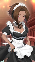Rule 34 | 1girl, absurdres, black ribbon, blurry, blurry background, borrowed character, breasts, brown eyes, brown hair, cleavage, commission, dark-skinned female, dark skin, dress, frilled dress, frills, highres, k (art71), lace trim, maid, maid headdress, neck ribbon, original, puffy short sleeves, puffy sleeves, ribbon, short hair, short sleeves, skeb commission, skirt hold, solo, thank you, twitter username