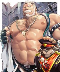 Rule 34 | 2boys, abashiri (abasirisippo), another eidos-r, armband, bara, bare pectorals, beard, belt, black gloves, black jacket, black pants, chest hair, cigarette, dward (another eidos), epaulettes, facial hair, fingerless gloves, furry, furry male, gloves, gordov (another eidos), hat, highres, jacket, jewelry, large pectorals, male focus, military, military uniform, multiple boys, muscular, muscular male, mustache, naval uniform, necklace, nipples, one eye closed, open clothes, pants, pectorals, short hair, smile, smoking, teeth, uniform, upper body, white hair, wolf boy