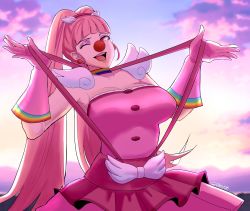 Rule 34 | 1girl, ace attorney, breasts, ceroccb, choker, clown, clown girl, clown nose, color connection, cosplay, crossover, dress, female focus, fire emblem, fire emblem: three houses, frills, geiru toneido, gloves, hair color connection, highres, hilda valentine goneril, large breasts, long hair, looking at viewer, makeup, nintendo, one eye closed, open mouth, pink dress, pink eyes, pink gloves, pink hair, rainbow, sleeveless, smile, solo, suspenders, trait connection, wink